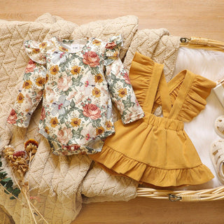 Baby 2pcs Floral Romper & Corduroy Suspender Skirt Set